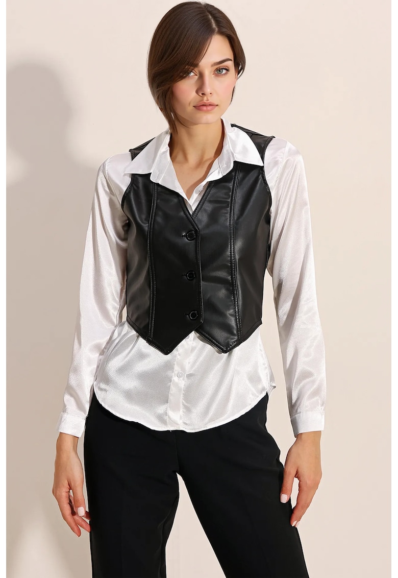 Vesta  din piele ecologica - decolteu in V - neagra - fara maneci