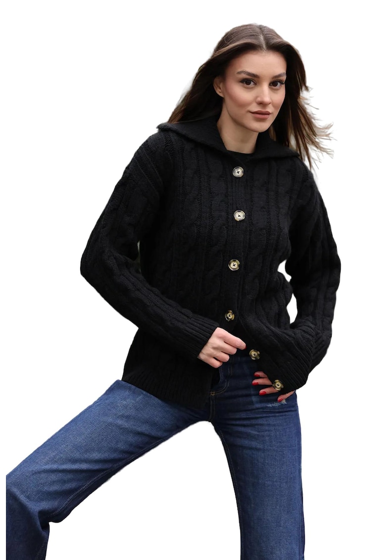 Cardigan tricotat texturat  cu guler tip camasa - acril - maneci lungi - negru -