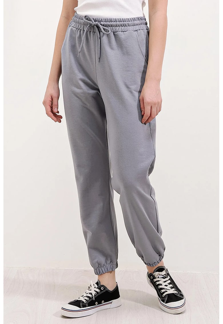 Pantaloni de trening - HiCCUP - talie elastica - cu buzunare - gri - bumbac