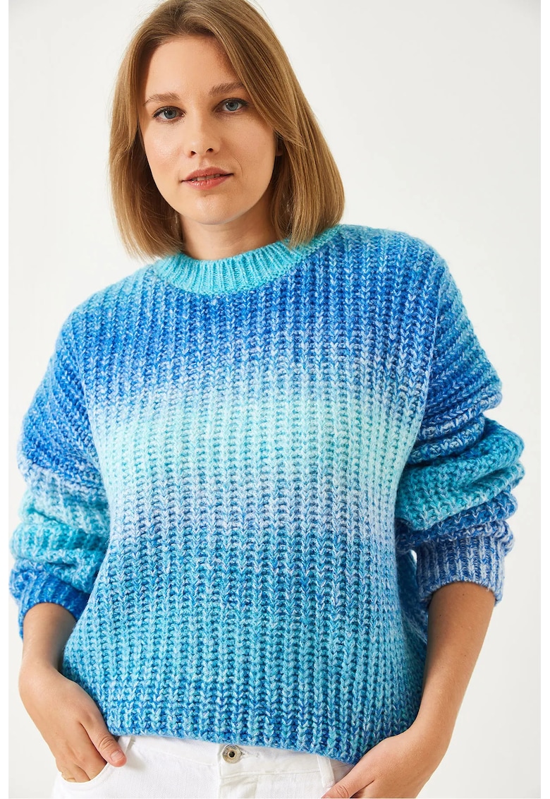 Pulover dama  guler rotund - poliester/elastan - albastru -