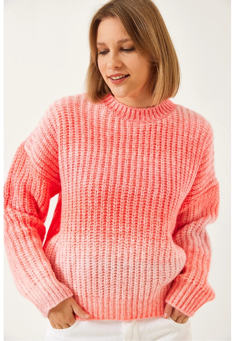 Pulover dama guler rotund - poliester/elastan - roz - Pulover dama guler rotund - poliester/elastan - roz -