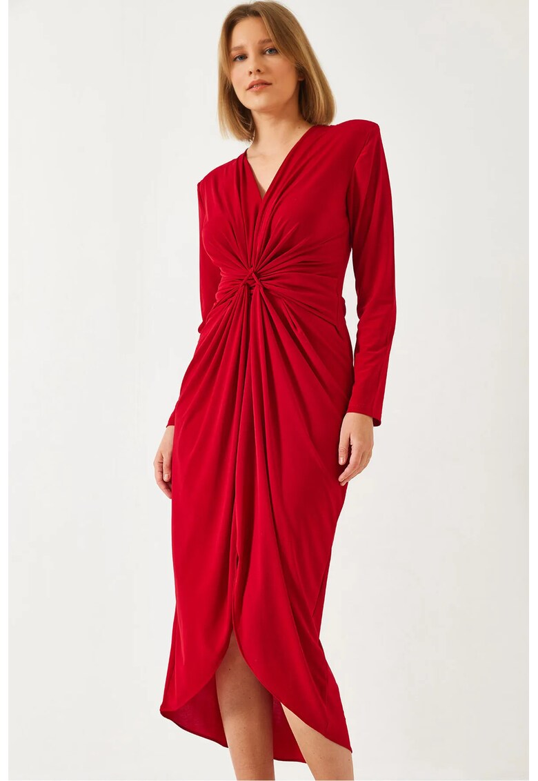 Rochie midi HiCCUP - decolteu in V - volane - rosu - bumbac-lycra