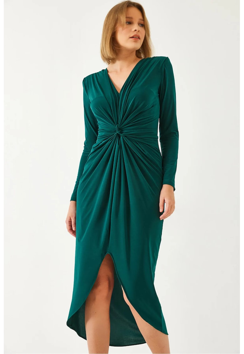 Rochie midi - decolteu in V - volane - verde - bumbac-lycra