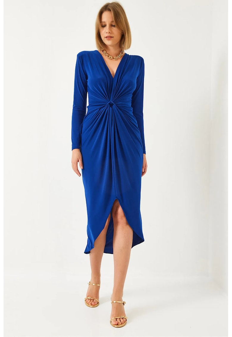 Rochie midi  cu decolteu in V - volane - albastru - bumbac-lycra -