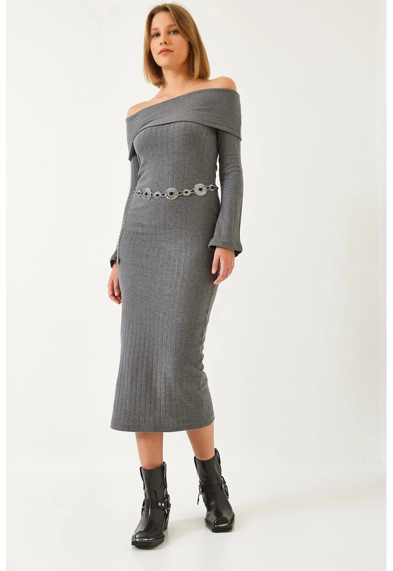 Rochie midi - HiCCUP - fara bretele - gri - poliester-bumbac - nervuri - Gri inchis