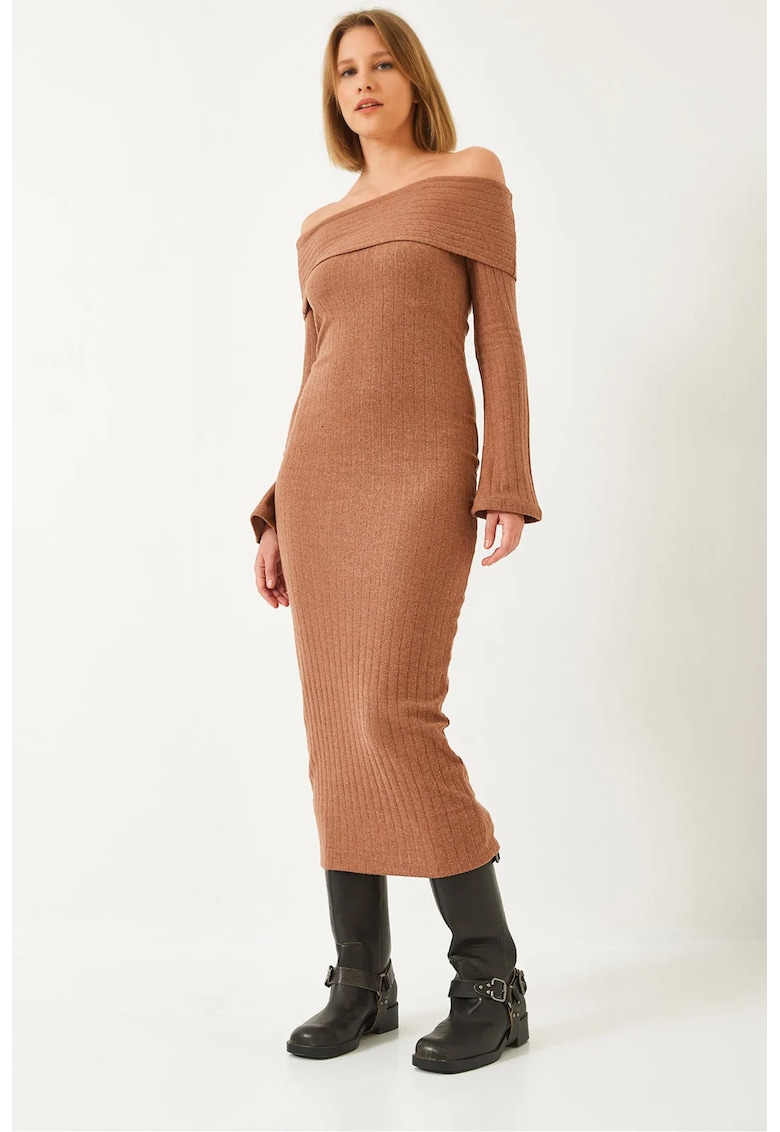 Rochie midi - fara bretele - texturata - maro - poliester-bumbac