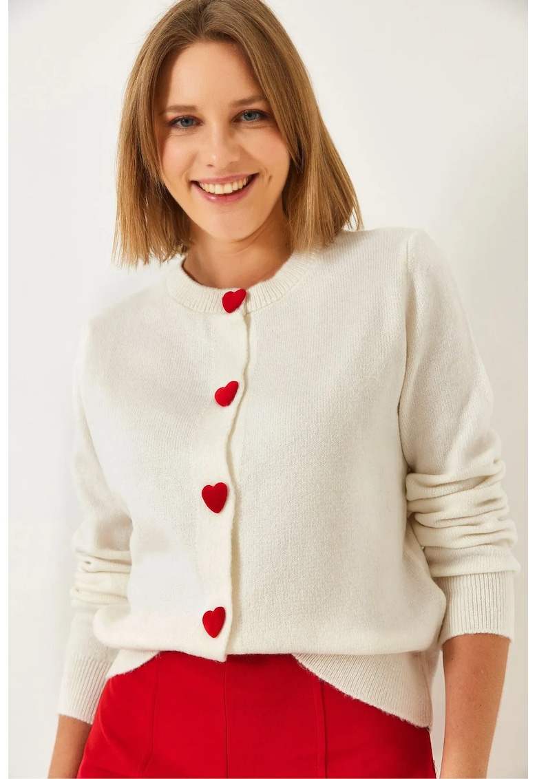 Cardigan tricotat croiala regulata - inchidere cu nasturi - acril/poliester - cu inimioare - Fildes Natural -