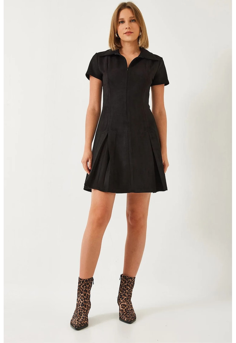 Rochie mini - catifea - pompon - guler camasa - negru - poliester-elastan -