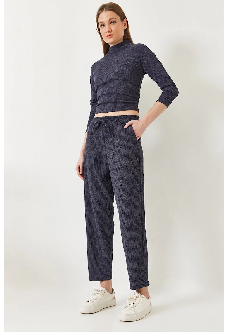 Set doua piese -  pulover texturat cu guler inalt - pantaloni elastici - bleumarin - poliester-elastan