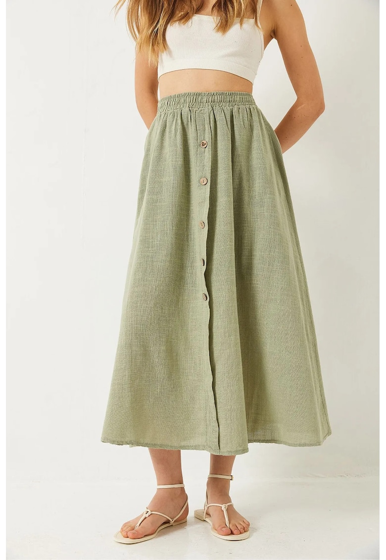 Fusta maxi texturata HiCCUP - inchidere cu nasturi - verde - bumbac