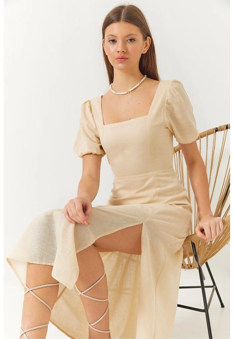 Rochie midi mulata cu guler patrat - crapatura - bej - bumbac