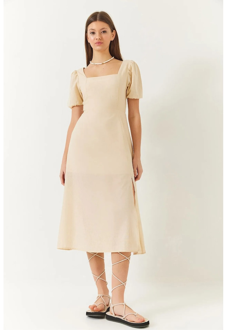 Rochie midi mulata  cu guler patrat - crapatura - bej - bumbac