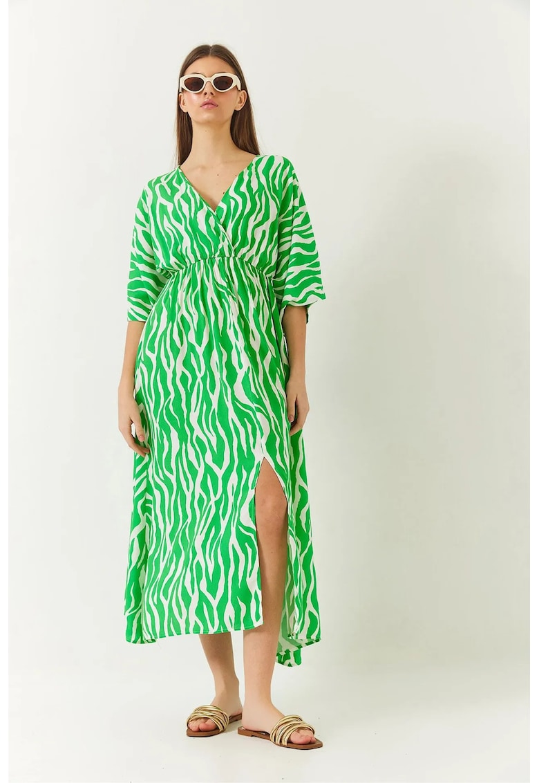 Rochie maxi  decolteu in V - imprimeu floral - verde - poliester-elastan -