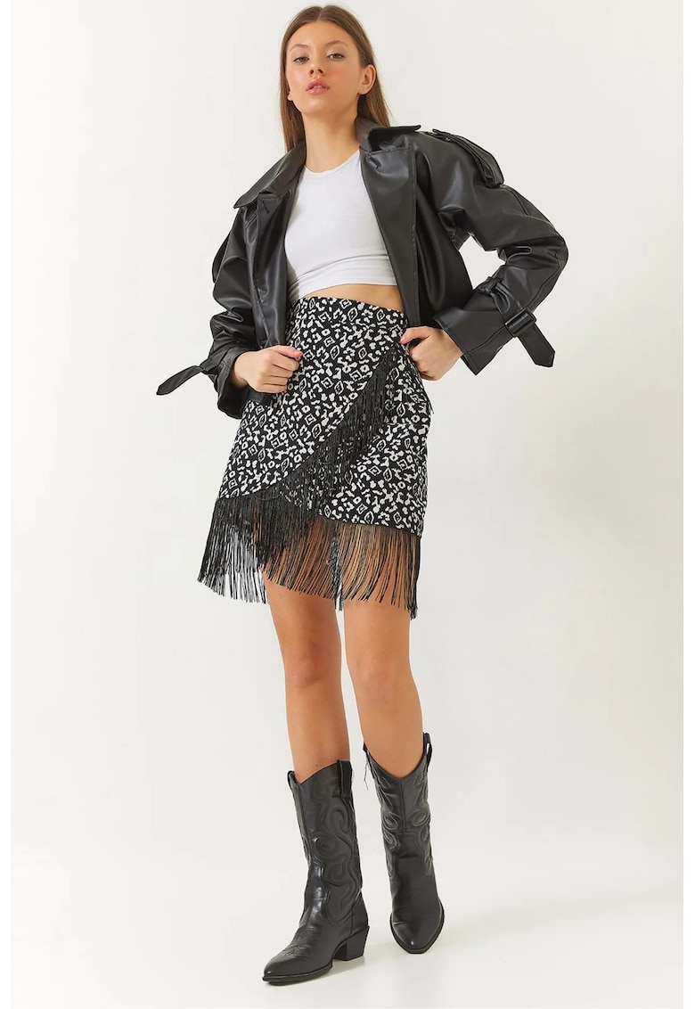 Fusta mini cu model texturat - inchidere cu ciucure si nod - bumbac