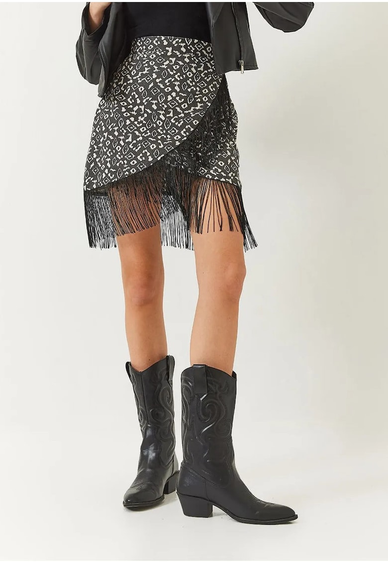 Fusta mini cu model - inchidere cu ciucure si nod - gri - bumbac