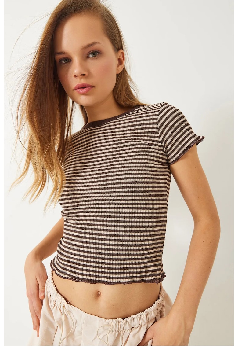 Top scurt - HiCCUP - dungi - textura striata - maro/ alb - bumbac