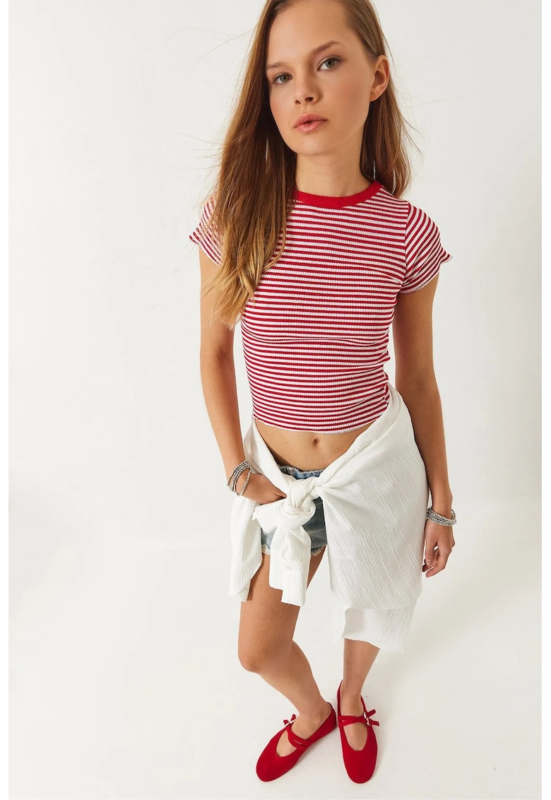Tricou dama -  top scurt cu dungi - maneca scurta - rosu/ alb bumbac