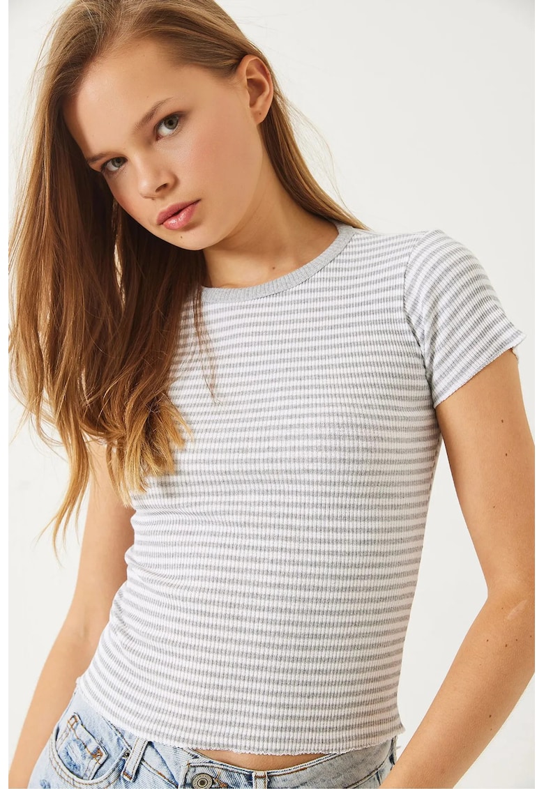Tricou dama -  top scurt cu dungi - maneca scurta - alb/ gri - bumbac