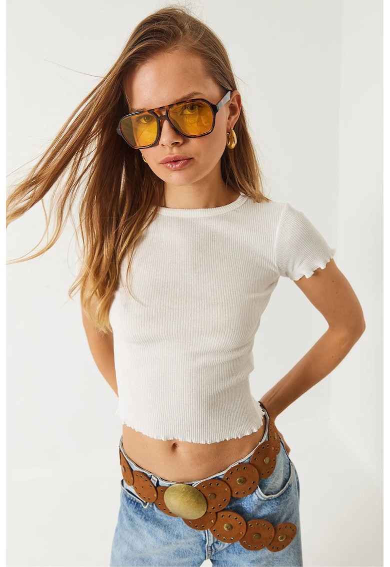 Tricou scurt -  dungi - nervuri - alb - bumbac/ lycra