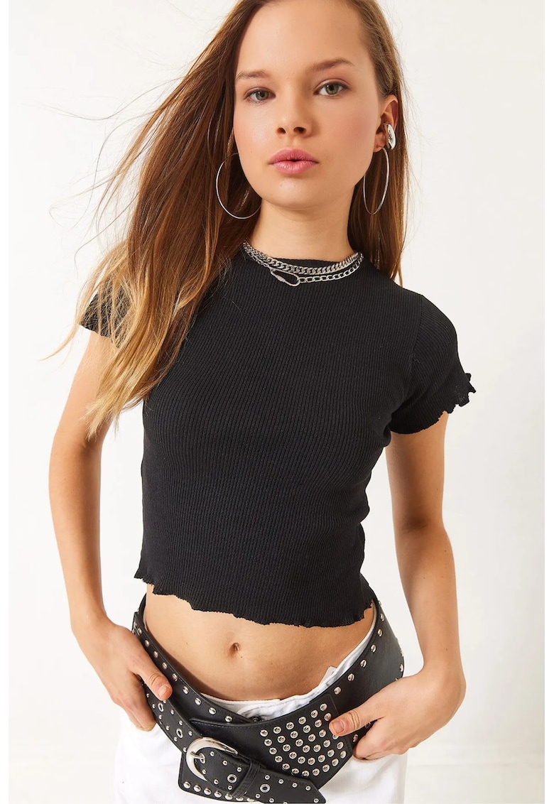 Tricou scurt -  dungi - nervuri - negru - bumbac/ lycra