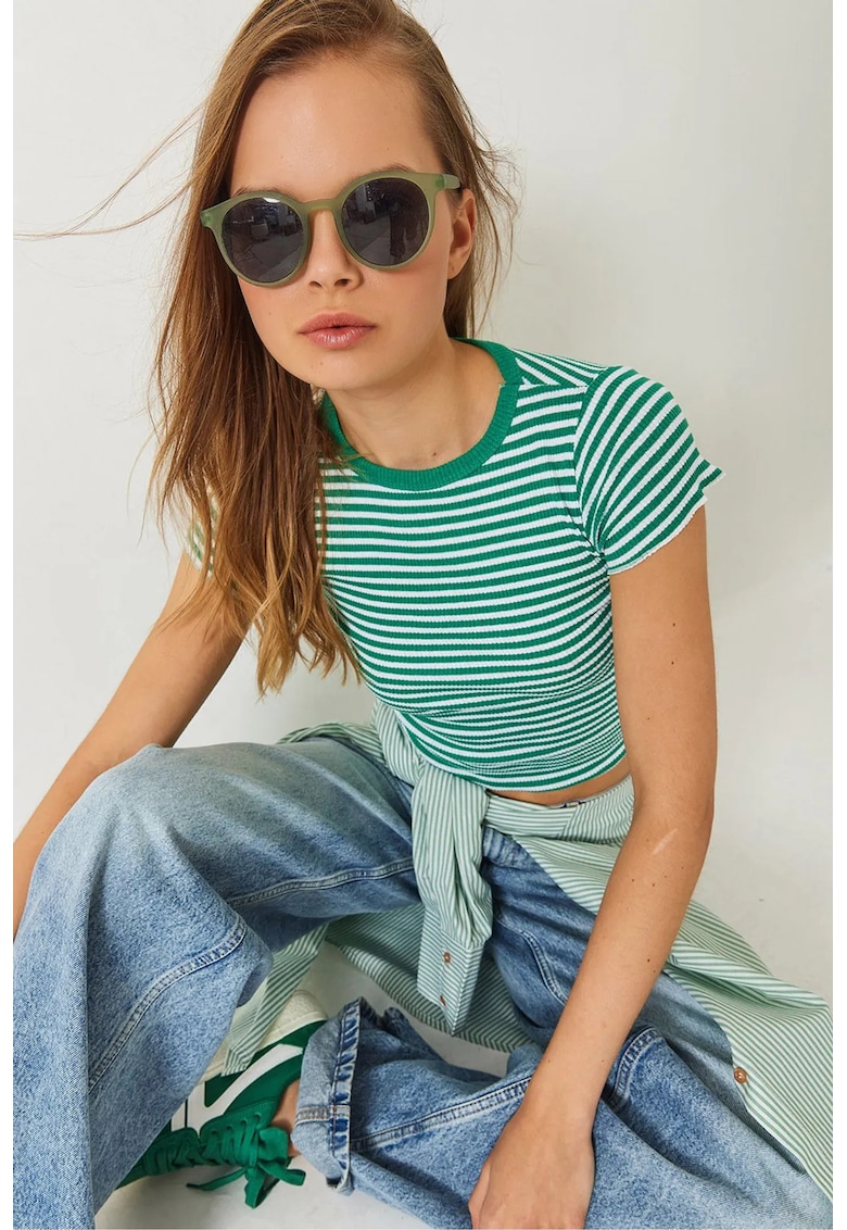 Tricou dama -  top scurt cu dungi - maneca scurta - verde/ alb - bumbac
