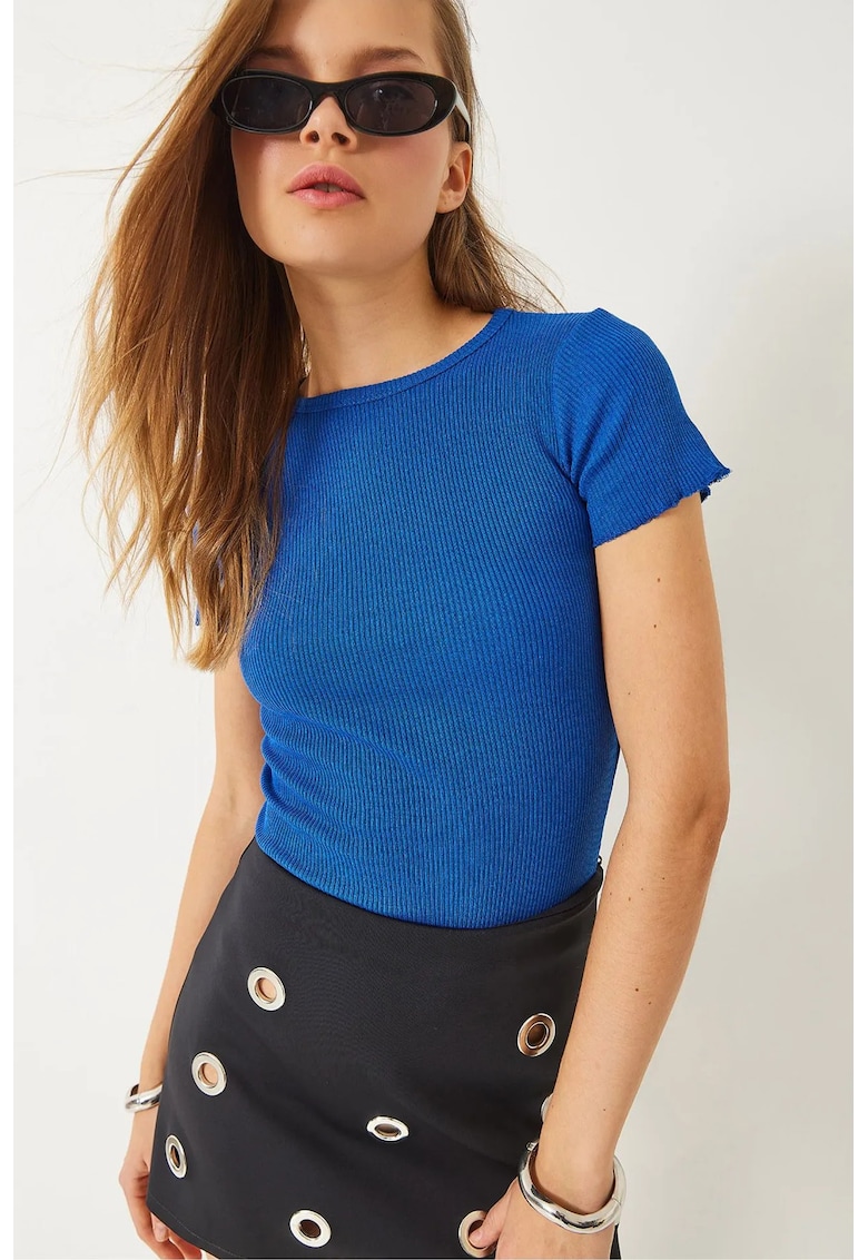 Tricou dama -  tricou scurt cu dungi - albastru - bumbac/ lycra -