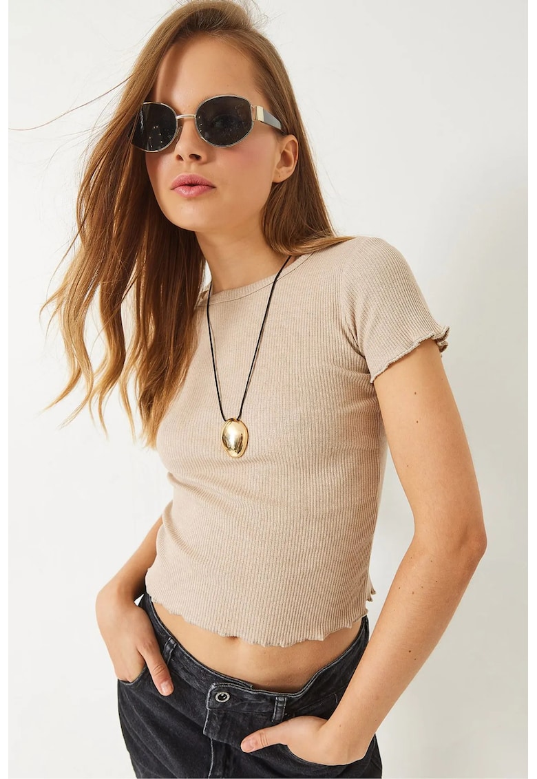 Tricou dama -  tricou scurt cu dungi - bej - bumbac/ lycra