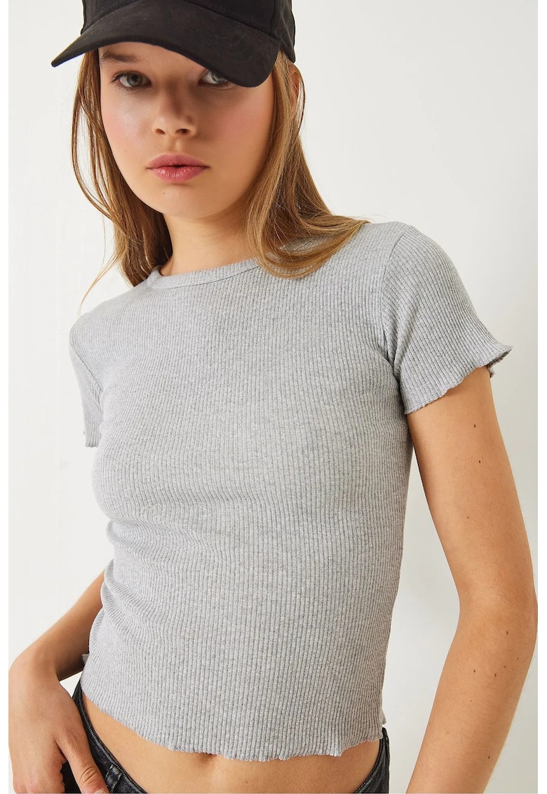 Tricou dama -  tricou scurt cu dungi - gri - bumbac/ lycra