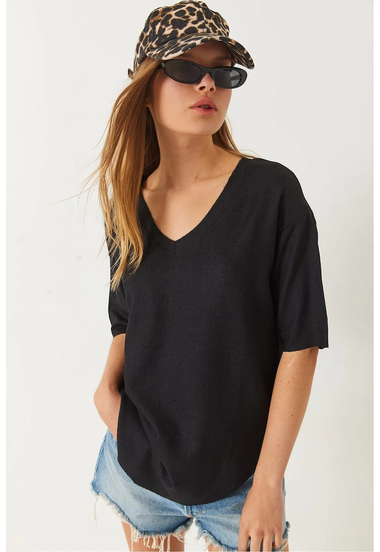 Tricou dama -  tricotat - maneca scurta - decolteu in V - negru - poliester/ elastan