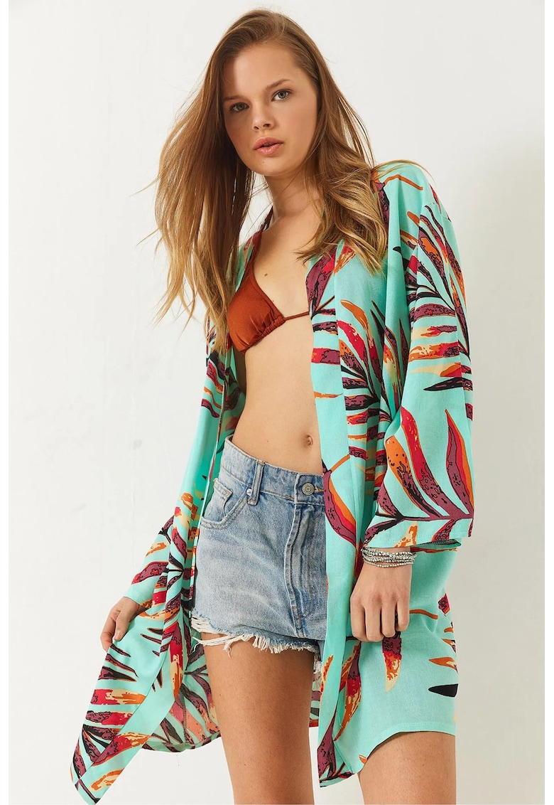 Kimono lung din bumbac imprimat - verde