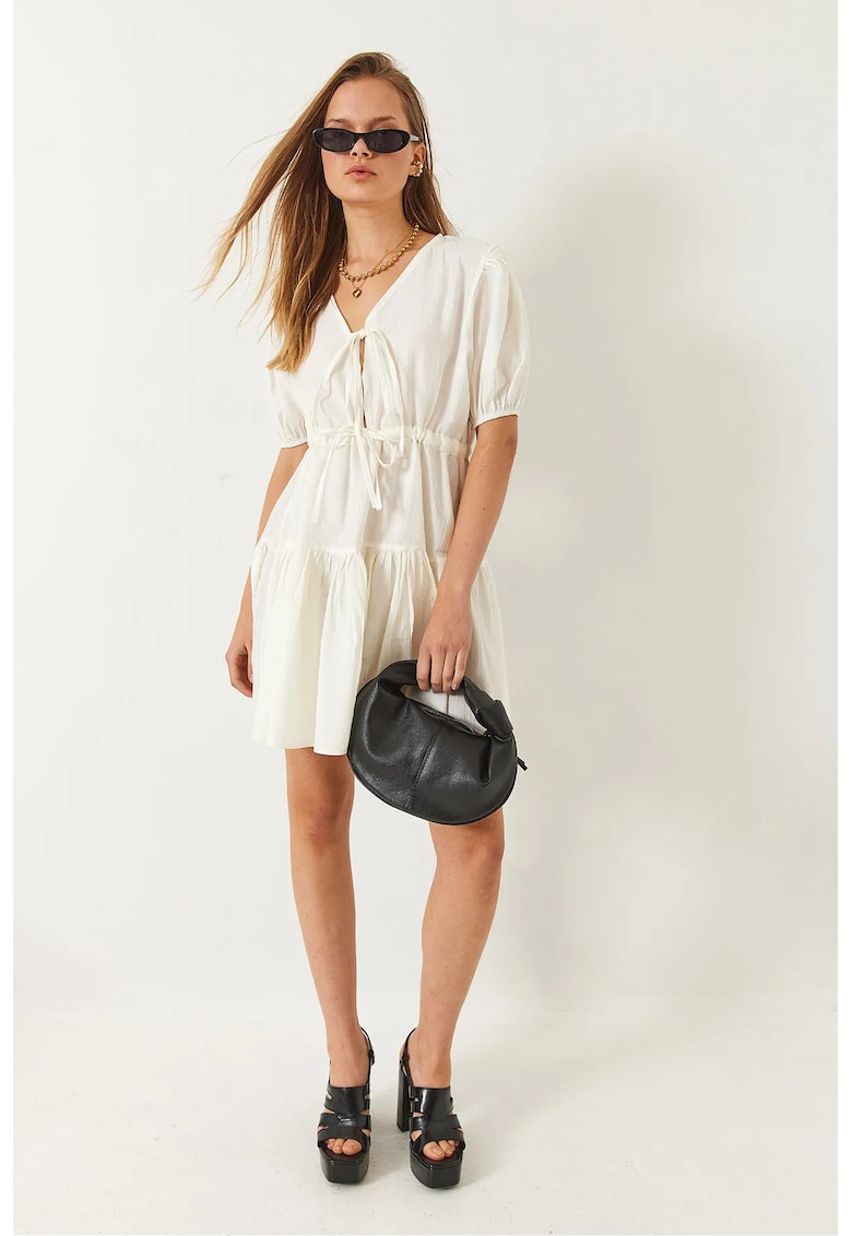 Rochie mini - HiCCUP - decolteu in V - funda - bej - poliester-bumbac