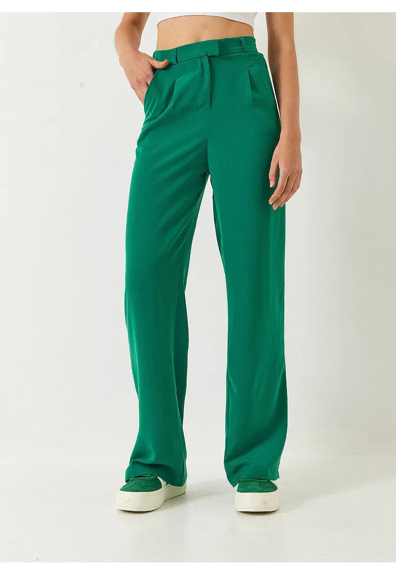 Pantaloni dama - cu buzunare - verde - poliester-bumbac