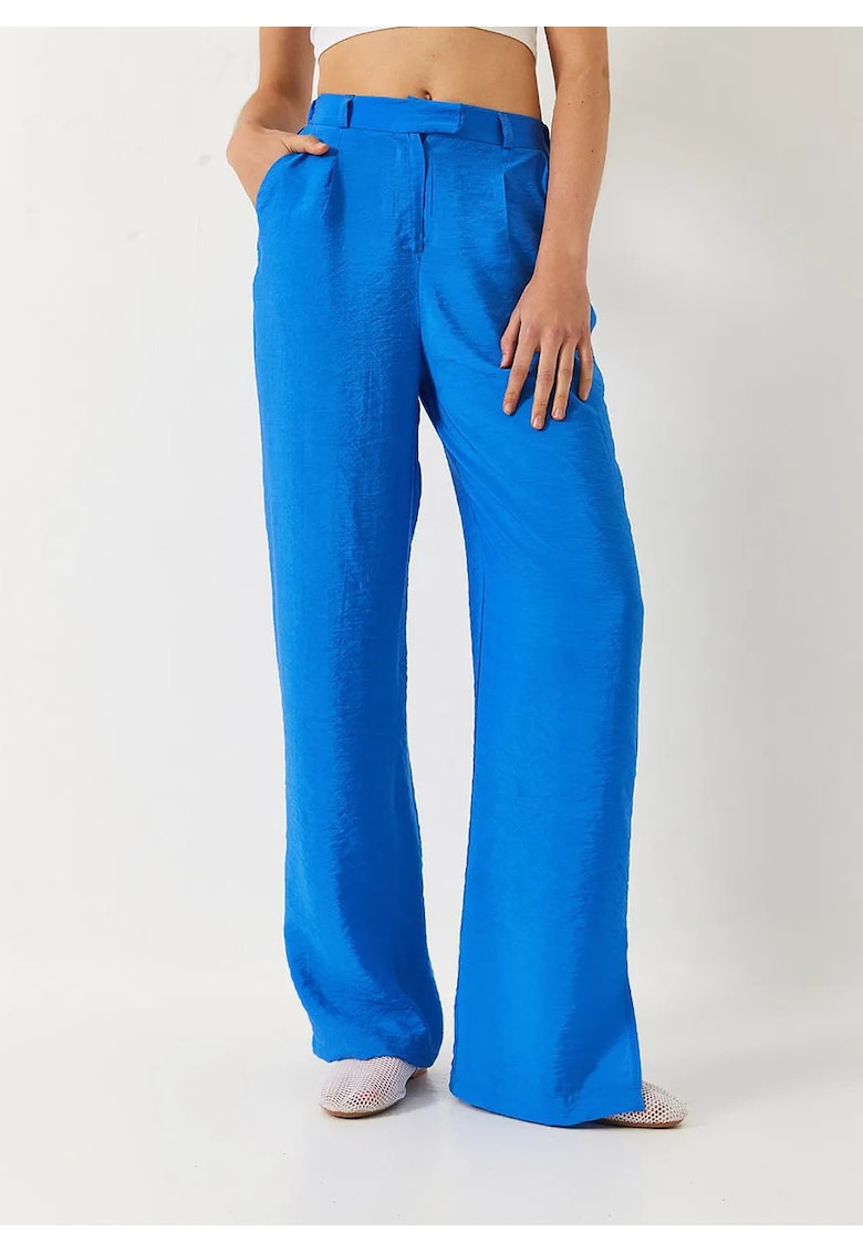 Pantaloni dama - Palazzo - cu buzunare - albastru - poliester-bumbac
