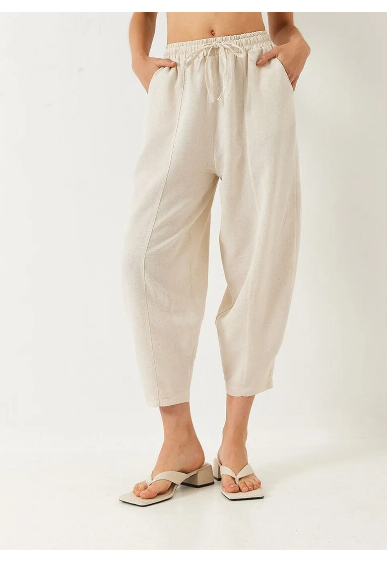 Pantaloni dama - HiCCUP - largi - cu buzunare - crem - bumbac