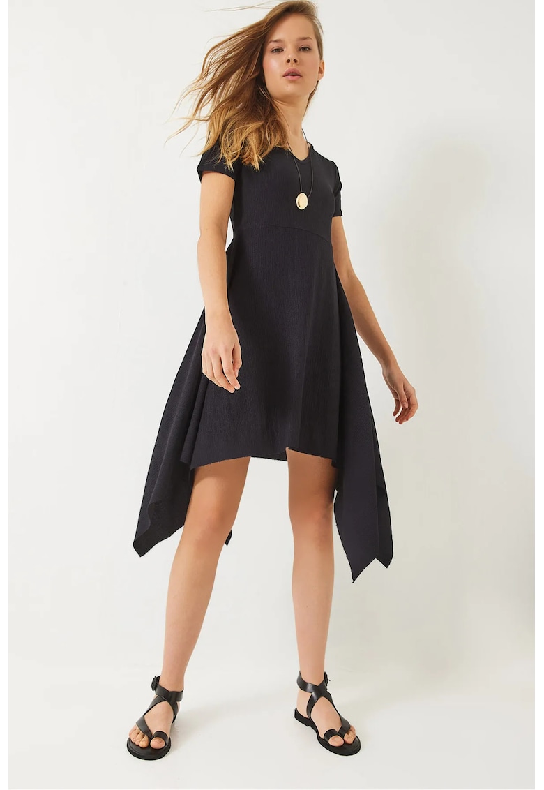 Rochie mini asimetrica -  decolteu in V - neagra - poliester-lycra