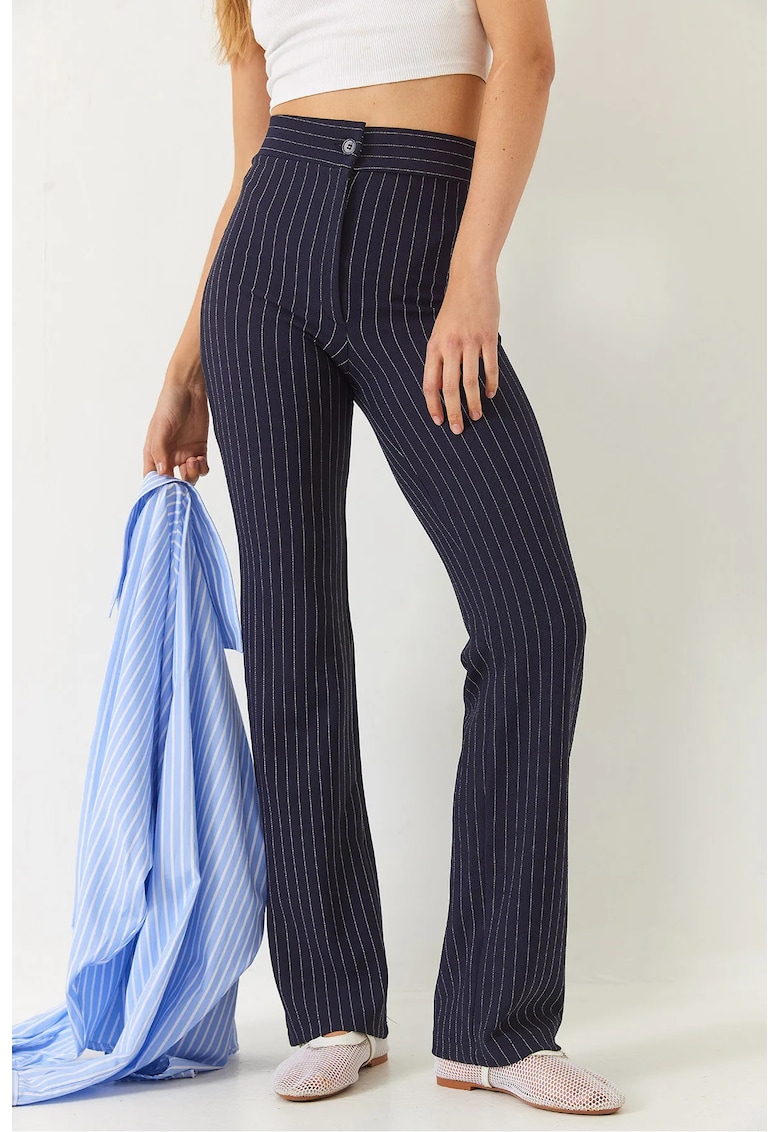 Pantaloni dama -  evazati cu talie inalta - dungi - albastru - bumbac-elastan