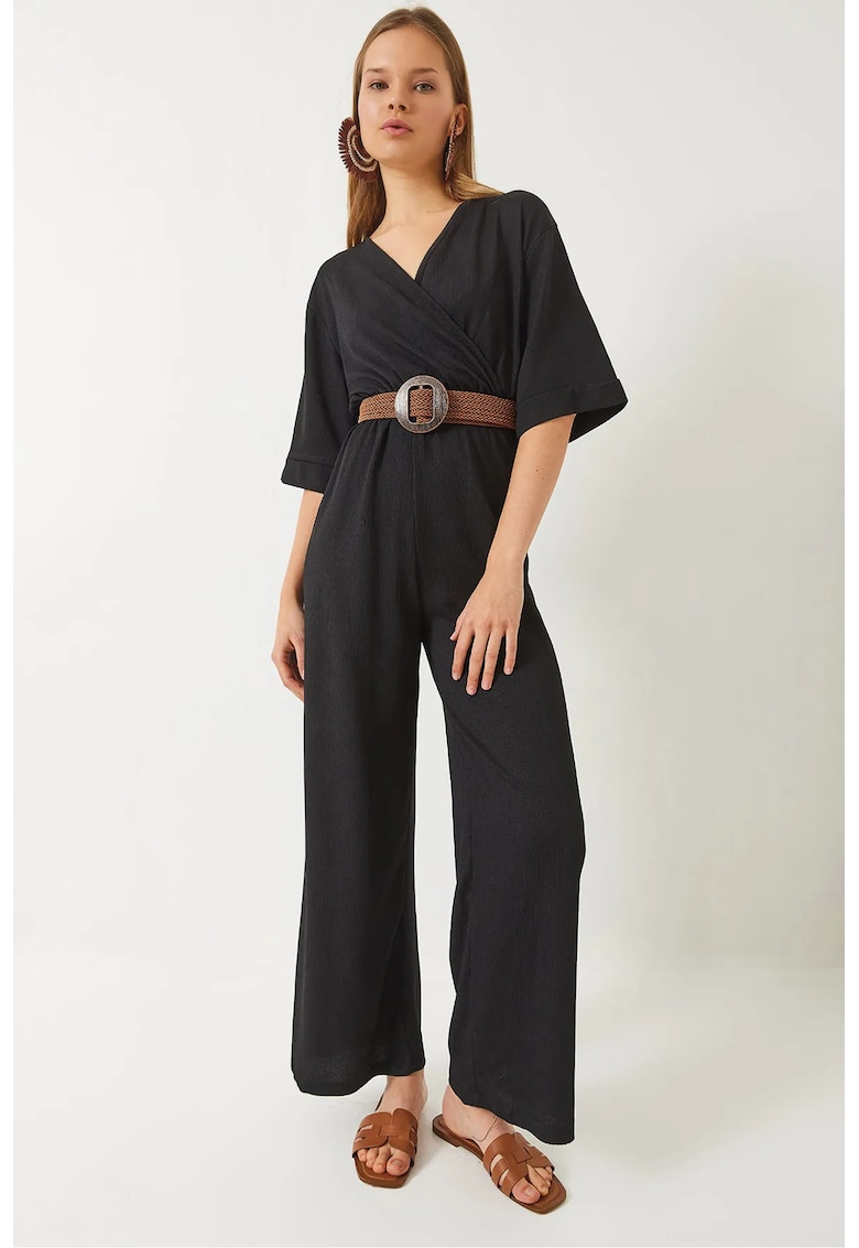 Salopeta dama - cu decolteu in V - negru - bumbac - poliester