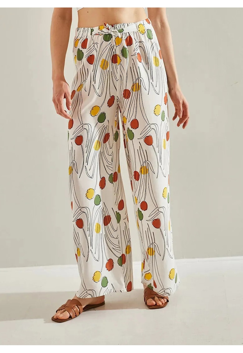 Pantaloni dama -  lungi cu imprimeu - talie elastica - multicolor - in si viscoza