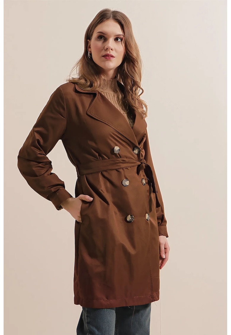 Palton pentru dama -  cu doua randuri de nasturi - textil - maro