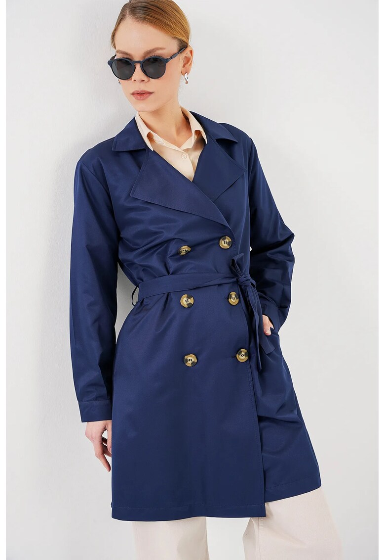 Palton dama - HiCCUP - cu doua randuri de nasturi - textil - albastru