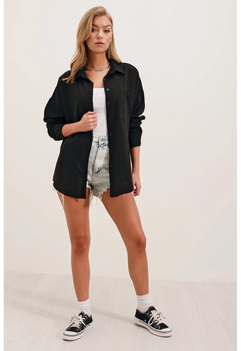 Camasa dama - HiCCUP - camasa basic cu detalii de buzunar - negru - amestec de in