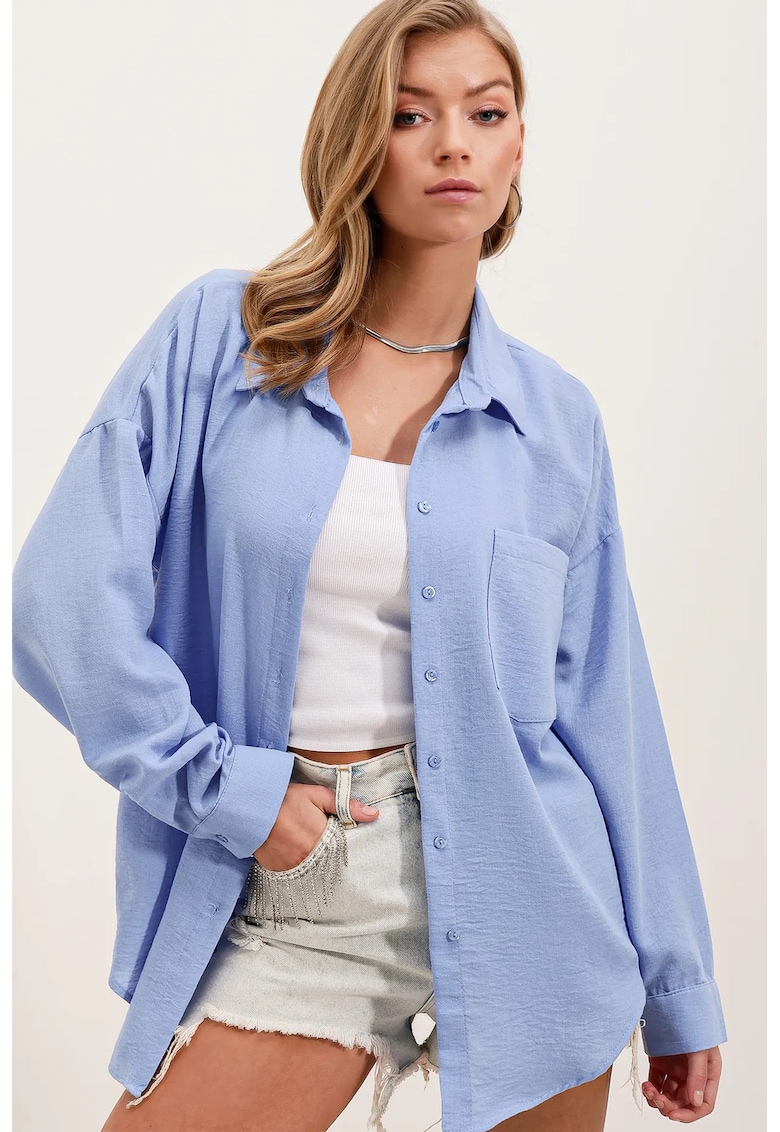 Camasa basic HiCCUP - detalii de buzunar - albastru - amestec de in