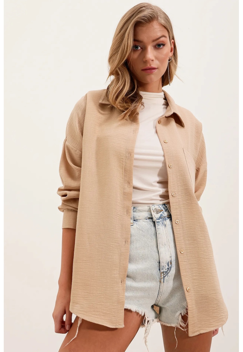 Camasa basic HiCCUP - detaliata - bej - din in