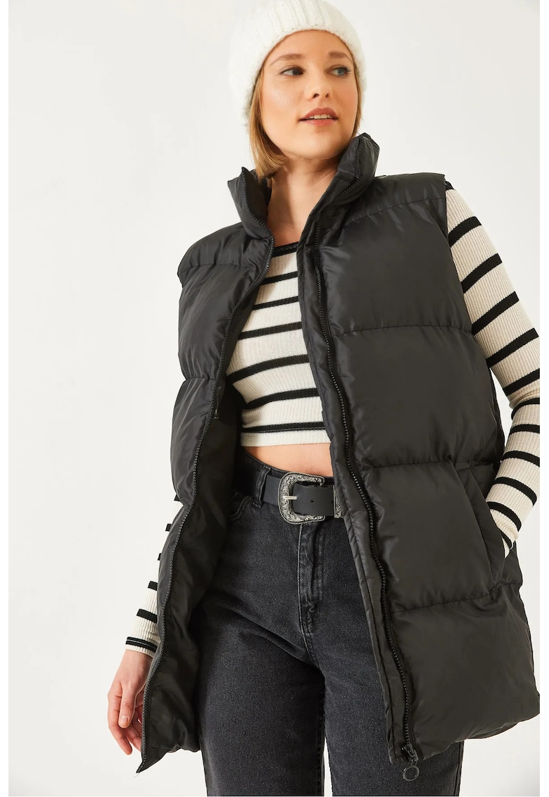 Vesta lunga din piele ecologica  gluga - fermoar - negru - poliester