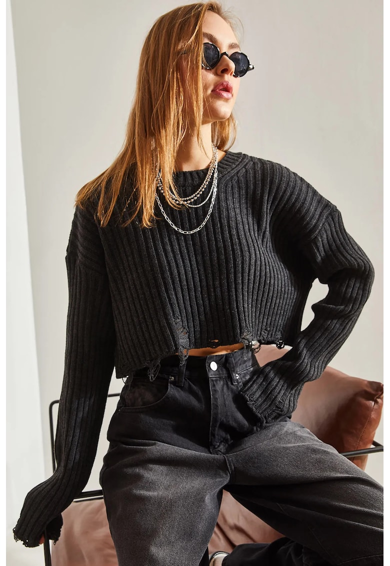 Pulover scurt cu maneca lunga  cu guler rotund - acril/poliester - gri inchis -