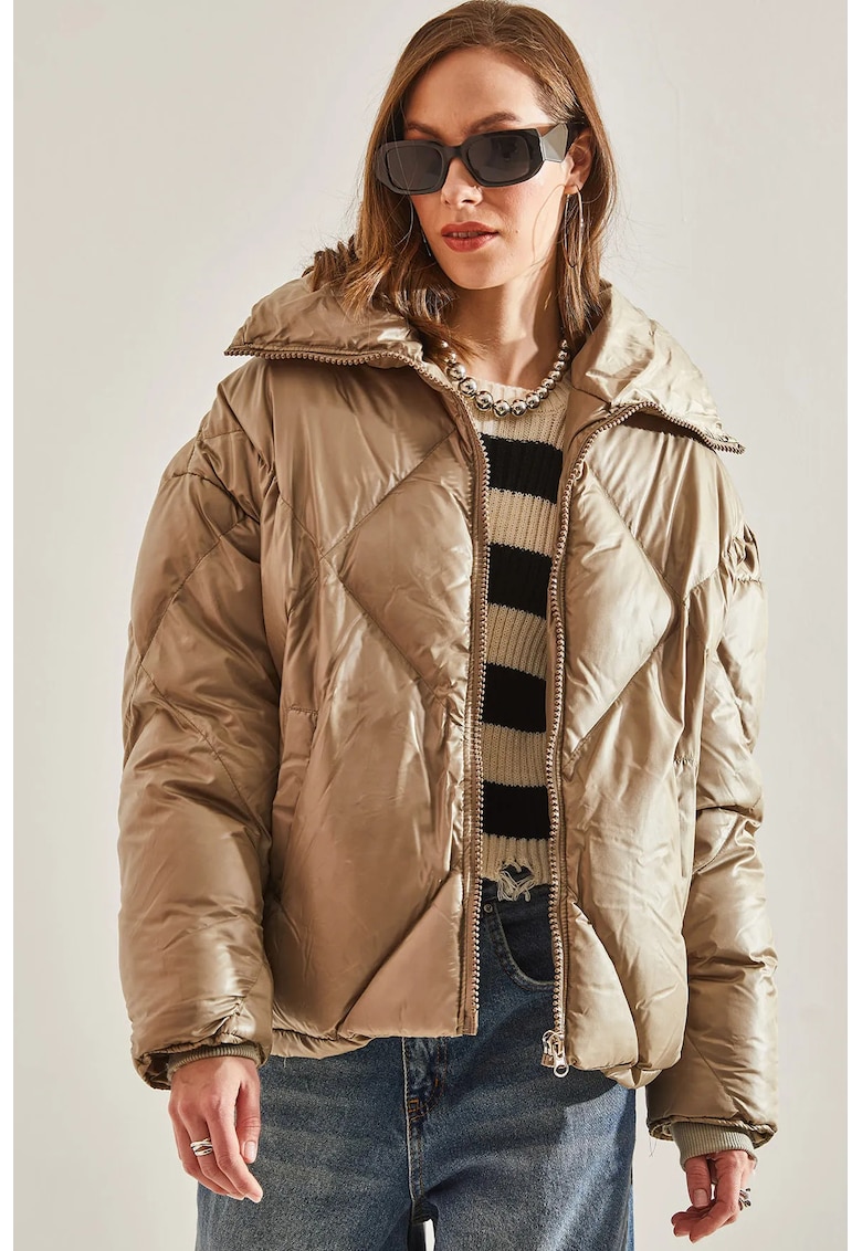 Geaca HiCCUP - supradimensionat - cu gluga - poliester - bej -