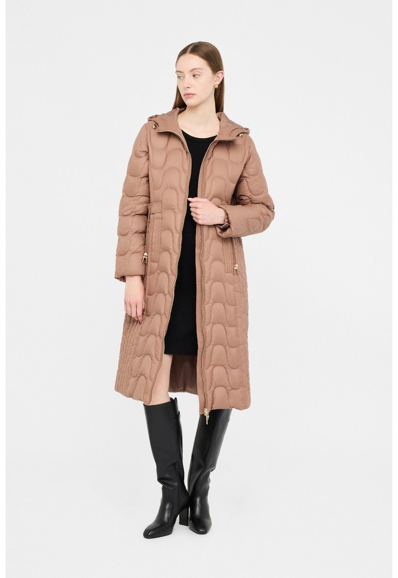 Geaca lunga matlasata cu gluga - Maro camel