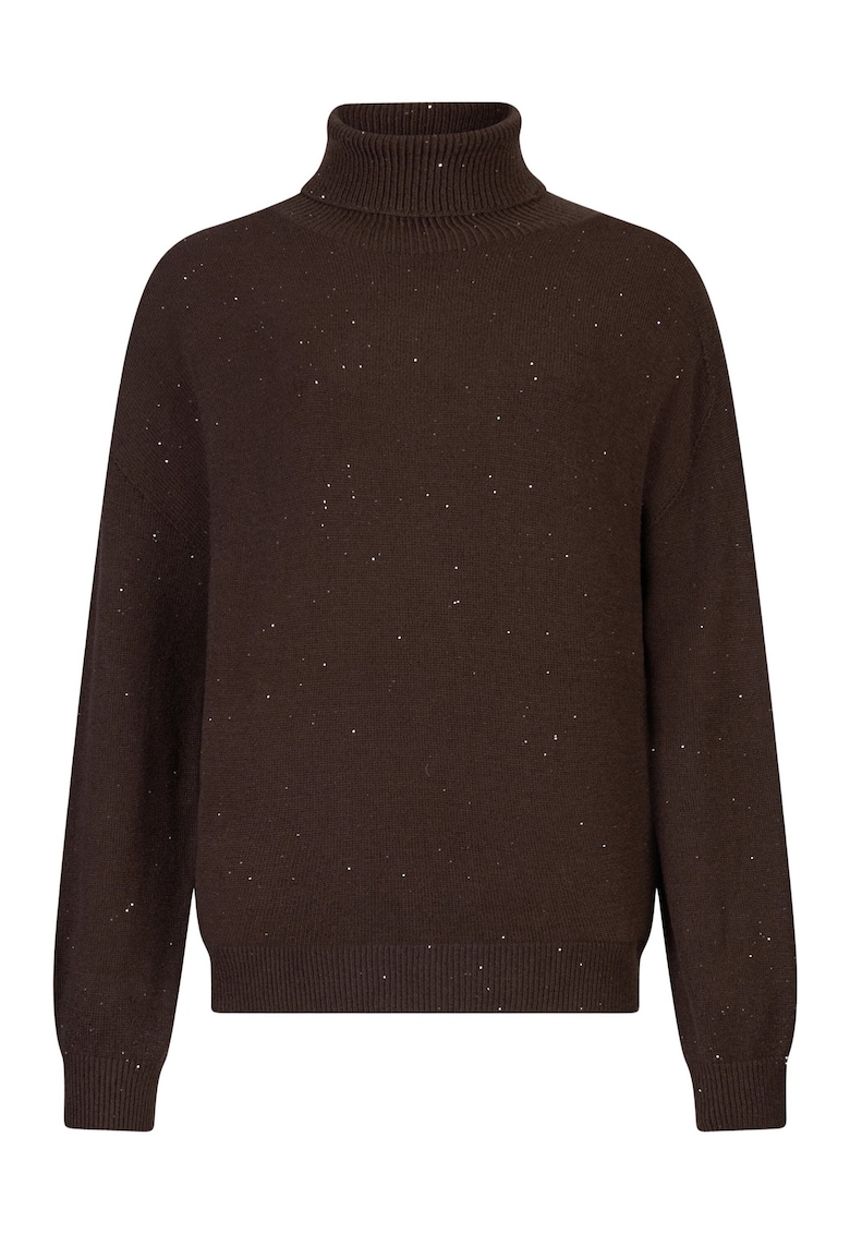 Pulover cu aplicatii din paiete si guler inalt - Maro inchis