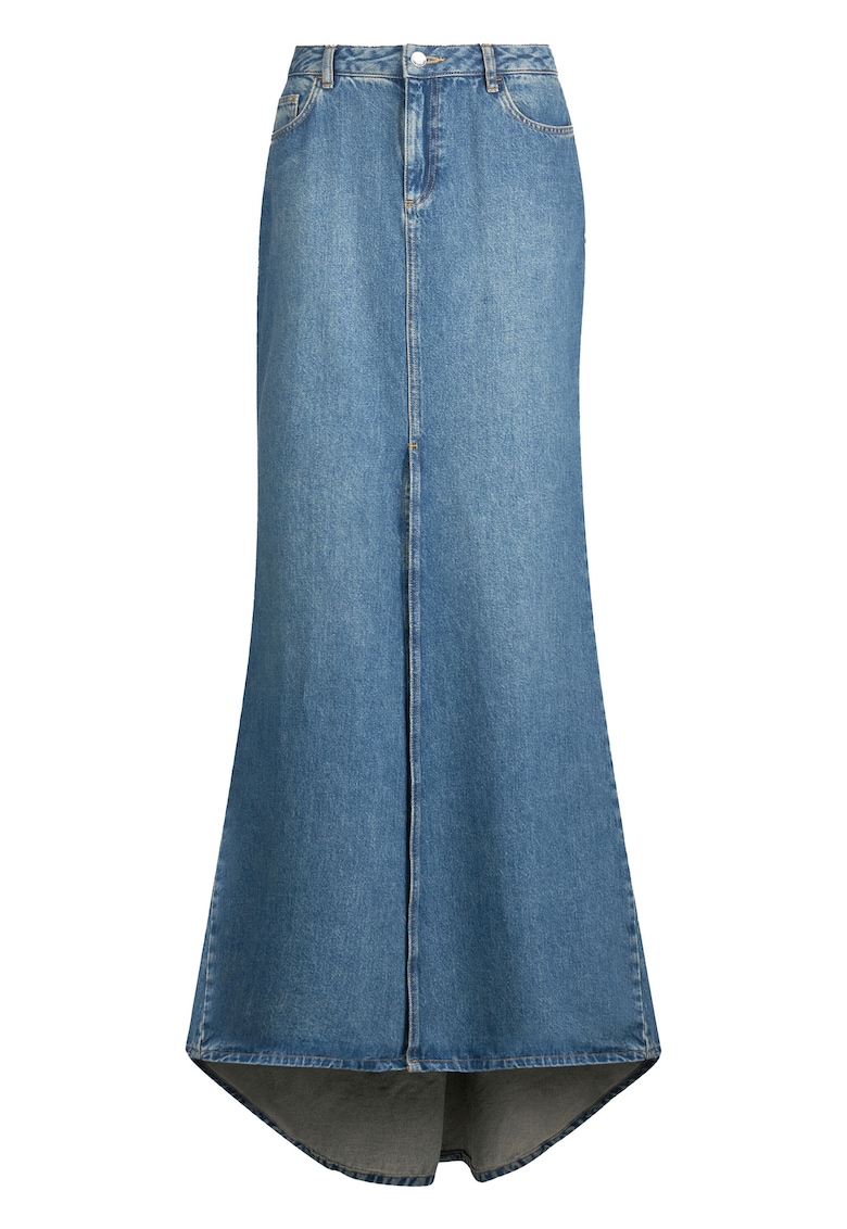 Fusta evazata din denim cu slit frontal si talie inalta