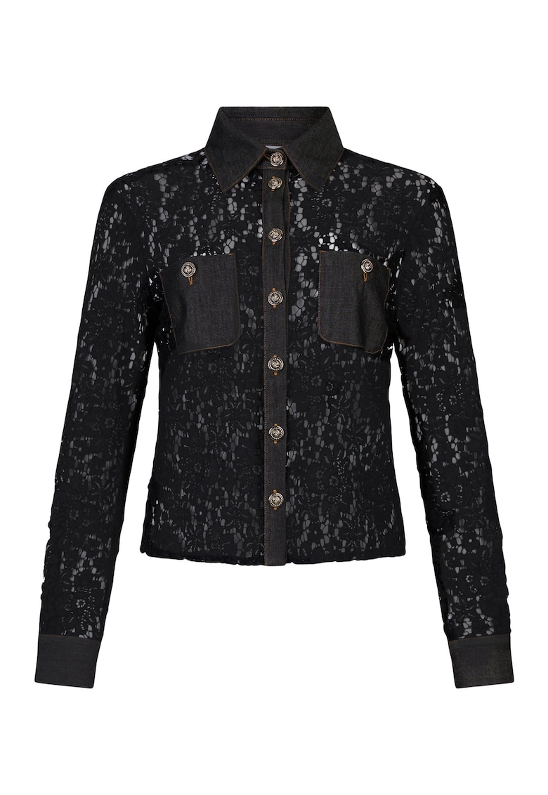 Jacheta-camasa din dantela de amestec de lyocell si garnituri din denim - Negru